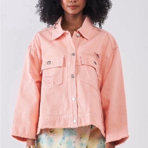 PEACH Distressed Button Down Denim Jacket - Picture 1 of 6
